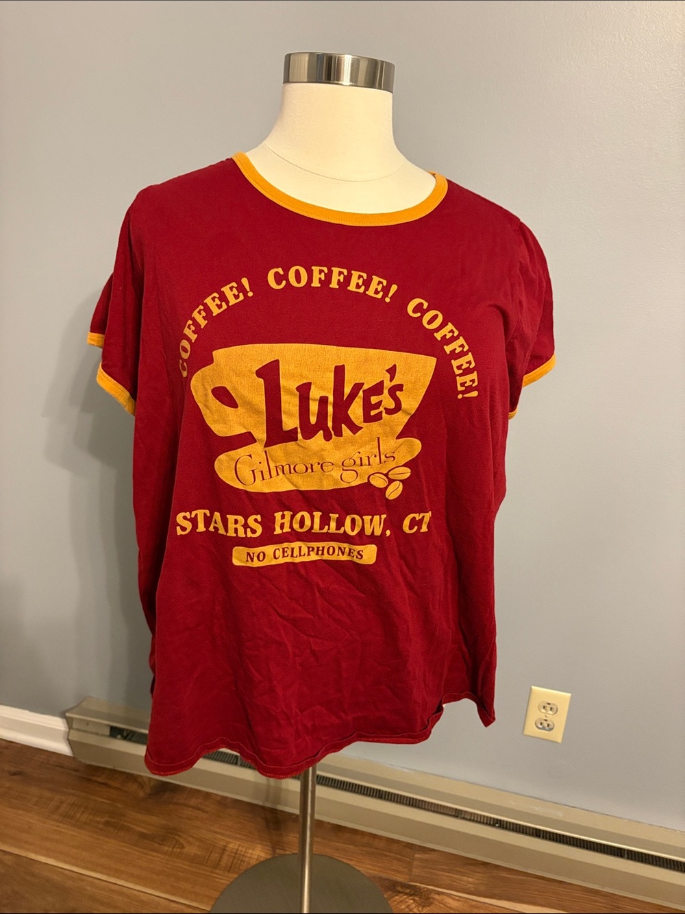 torrid Red Tee with Yellow Trim and Luke's Coffee Graphic- Gilmore girls